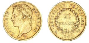 20 francs Napoléon revers République 1808 W (Lille) 20 francs Napoléon revers République 1808 W (Lille)