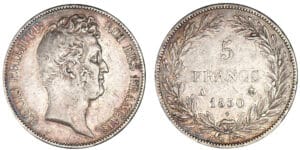 5 francs Louis-Philippe tête nue - tranche creux 1830 A (Paris) 5 francs Louis-Philippe tête nue - tranche creux 1830 A (Paris)