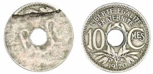 10 centimes Lindauer 1920 - Défaut de laminage 10 centimes Lindauer 1920 - Défaut de laminage
