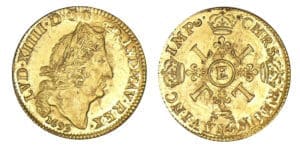 Louis XIV - Louis d'or aux 4 L 1693 E (Tours) - Flan réformé Louis XIV - Louis d'or aux 4 L 1693 E (Tours) - Flan réformé