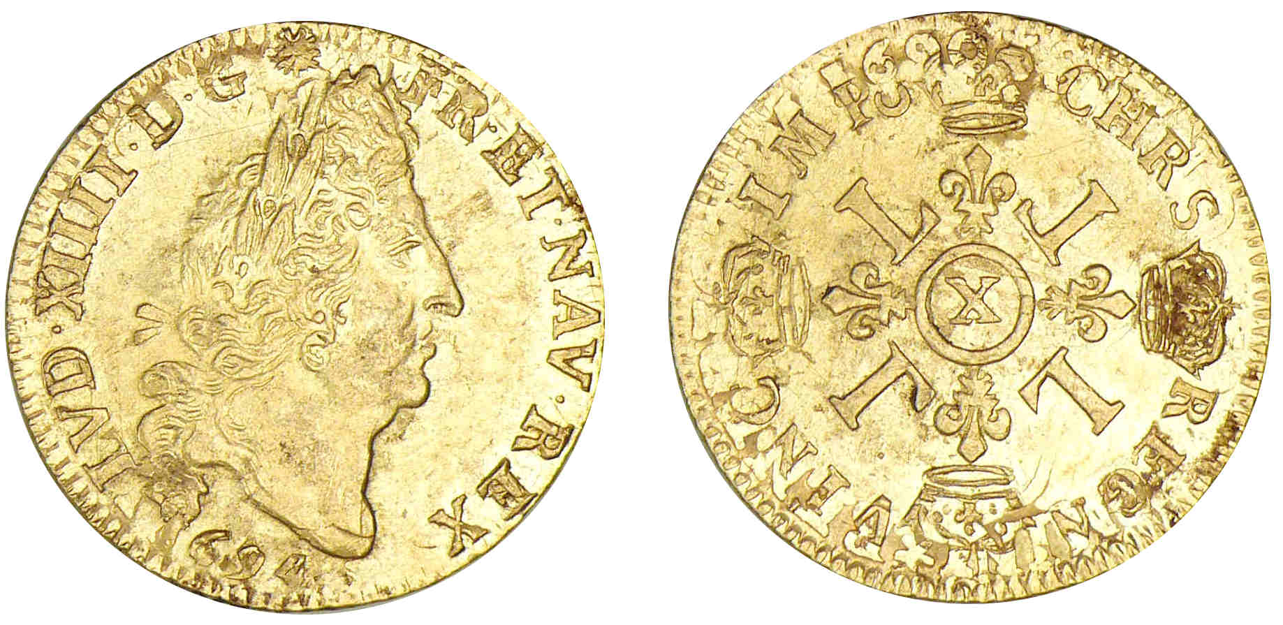 Louis XIV - Louis d'or aux 4 L 1694 X (Amiens) f- Fan réformé Louis XIV - Louis d'or aux 4 L 1694 X (Amiens) f- Fan réformé