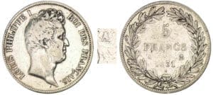 5 francs Louis-Philippe Ier tête nue - Tranche relief 1831 A (Paris) 5 francs Louis-Philippe Ier tête nue - Tranche relief 1831 A (Paris)