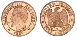 2 centimes Napoléon tête nue 1857 W (Lille) 2 centimes Napoléon tête nue 1857 W (Lille)
