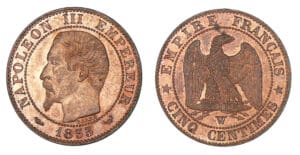 5 centimes Napoléon III tête nue 1855 W (Lille) - Chien 5 centimes Napoléon III tête nue 1855 W (Lille) - Chien