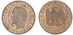 5 centimes Napoléon III tête nue 1855 A (Paris) - Chien