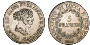 Italie - Principauté de Lucques et Piombino - Félix Bacciochi et Elisa Bonaparte - 5 franchi 1805 (Florence) Italie - Principauté de Lucques et Piombino - Félix Bacciochi et Elisa Bonaparte - 5 franchi 1805 (Florence)