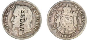 2 francs Napoléon III tête laurée 1868 A (Paris) - Contremarque SEDAN 2 francs Napoléon III tête laurée 1868 A (Paris) - Contremarque SEDAN