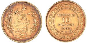 Tunisie - Ali - 10 francs ۱۳۲۰ (1902 A Paris) Tunisie - Ali - 10 francs ۱۳۲۰ (1902 A Paris)
