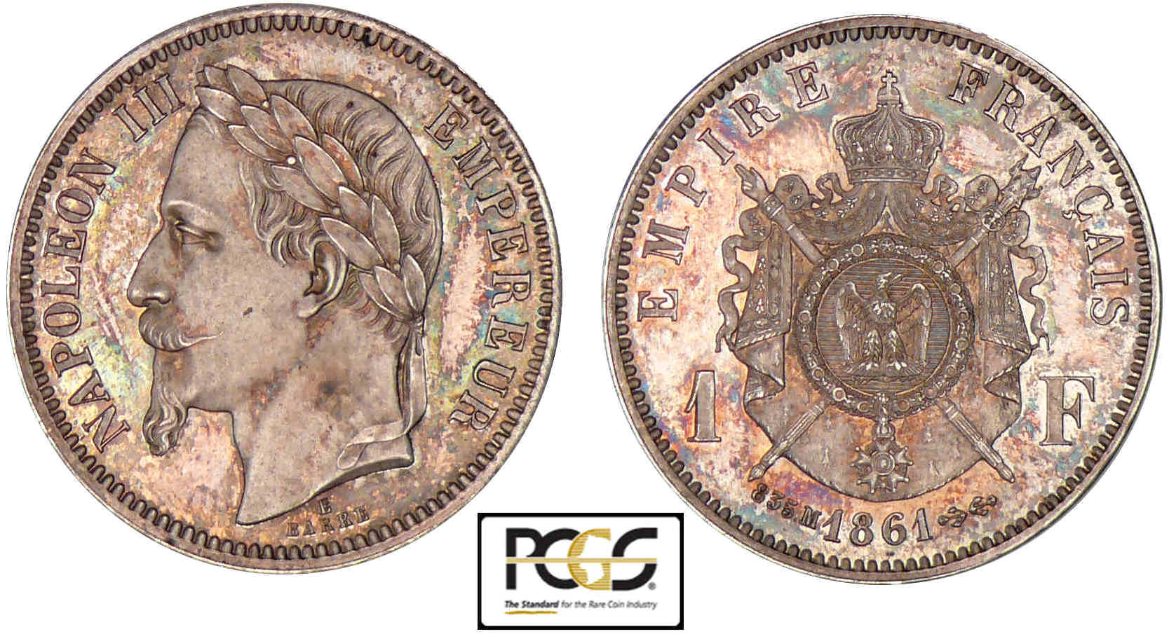 1 franc Napoléon III tête laurée 1861 E (Paris) - Essai sur flan bruni 1 franc Napoléon III tête laurée 1861 E (Paris) - Essai sur flan bruni