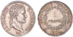 1 franc Napoléon revers république 1808 H (La Rochelle) 1 franc Napoléon revers république 1808 H (La Rochelle)