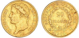 20 francs Napoléon revers république 1808 Q (Perpignan) 20 francs Napoléon revers république 1808 Q (Perpignan)