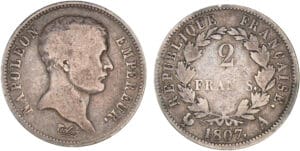 2 francs Napoléon Ier - tête de nègre 1807 A (Paris) 2 francs Napoléon Ier - tête de nègre 1807 A (Paris)