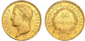 40 francs Napoléon revers répulique 1808 W (Lille) 40 francs Napoléon revers répulique 1808 W (Lille)