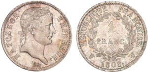 1 franc Napoléon revers république 1808 W (Lille) 1 franc Napoléon revers république 1808 W (Lille)