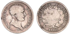 1 franc Napoléon Ier - tête de nègre 1807 A (Paris) 1 franc Napoléon Ier - tête de nègre 1807 A (Paris)