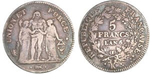 5 francs Hercule union et force - An 6/5/4 K (Bordeaux) 5 francs Hercule union et force - An 6/5/4 K (Bordeaux)