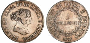 Italie - Principauté de Lucques et Piombino - Elisa Bonaparte et Felix - 5 franchi 1805 Italie - Principauté de Lucques et Piombino - Elisa Bonaparte et Felix - 5 franchi 1805