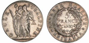 Italie - Gaule Subalpine - 5 lire AN 10 (1802) (Turin) Italie - Gaule Subalpine - 5 lire AN 10 (1802) (Turin)