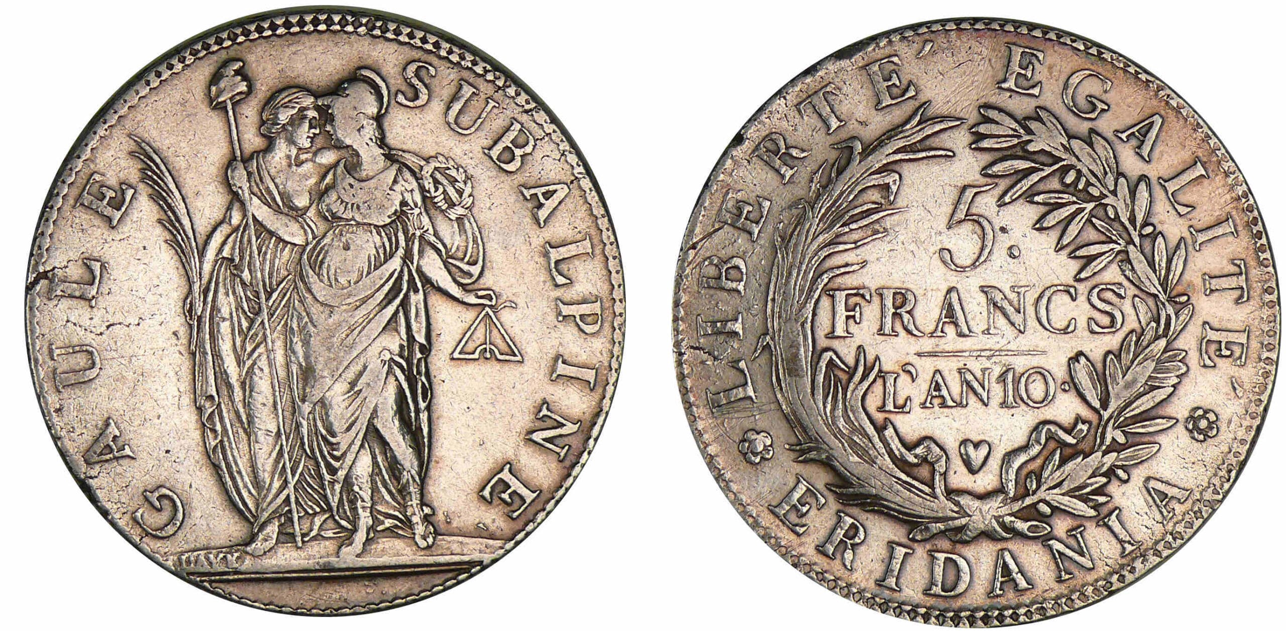Italie - Gaule Subalpine - 5 lire AN 10 (1802) (Turin) Italie - Gaule Subalpine - 5 lire AN 10 (1802) (Turin)