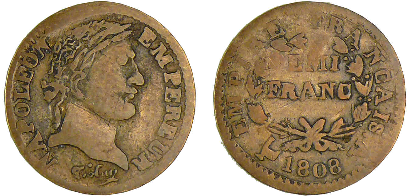 1/2 franc Napoléon revers empire 1808 A (Paris) - Faux d'époque 1/2 franc Napoléon revers empire 1808 A (Paris) - Faux d'époque