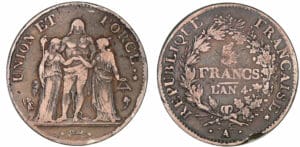 5 francs Hercule union et force - An 4 A (Paris) - Listel par virole 5 francs Hercule union et force - An 4 A (Paris) - Listel par virole
