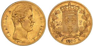 20 francs Charles X - 2ème type 1830 A (Paris) - Tranche strillée 20 francs Charles X - 2ème type 1830 A (Paris) - Tranche strillée
