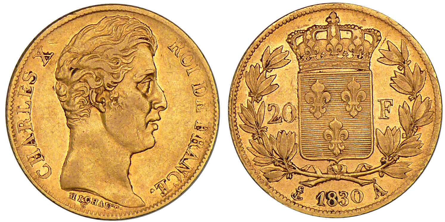 20 francs Charles X - 2ème type 1830 A (Paris) - Tranche strillée 20 francs Charles X - 2ème type 1830 A (Paris) - Tranche strillée