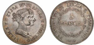 Italie - Principauté de Lucques et Piombino - Elisa Bonaparte et Felix - 5 franchi 1808/7 Italie - Principauté de Lucques et Piombino - Elisa Bonaparte et Felix - 5 franchi 1808/7