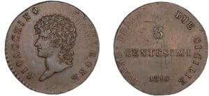Italie - Royaume de Naples et des deux Siciles - Joseph Napoléon - 3 centesimi 1813 - Surmoulage en étain bronzé Italie - Royaume de Naples et des deux Siciles - Joseph Napoléon - 3 centesimi 1813 - Surmoulage en étain bronzé