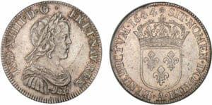Louis XIV - Quart d'écu à la mèche courte - 1er type - 1644 A rose (Paris) Louis XIV - Quart d'écu à la mèche courte - 1er type - 1644 A rose (Paris)