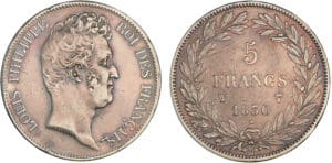5 francs Louis-Philippe tête nue - tranche en creux 1830 W (Lille) 5 francs Louis-Philippe tête nue - tranche en creux 1830 W (Lille)