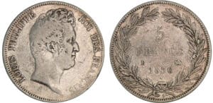 5 francs Louis-Philippe tête nue - tranche en creux 1830 B (Rouen) 5 francs Louis-Philippe tête nue - tranche en creux 1830 B (Rouen)