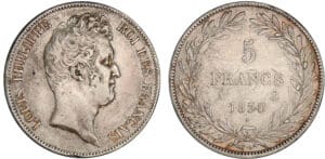5 francs Louis-Philippe tête nue - tranche en creux 1830 A (Paris) 5 francs Louis-Philippe tête nue - tranche en creux 1830 A (Paris)