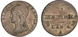 5 centimes Dupré - Petit module - An 4 A (Paris). Flan argenté 5 centimes Dupré - Petit module - An 4 A (Paris). Flan argenté