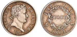 1/4 de franc Napoléon revers emp. fra 1809 A (Paris) 1/4 de franc Napoléon revers emp. fra 1809 A (Paris)