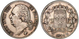 2 francs Louis XVIII au buste nu 1824 W (Lille)