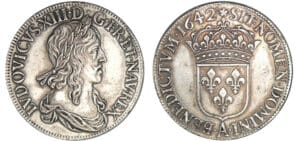 Louis XIII - Ecu du 1er poinçon de Warin à la mèche étroite - 1642 .(rose). A (Paris)