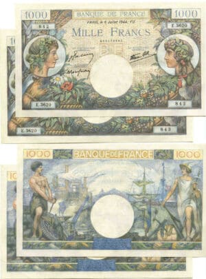 Lot de 2 billets de 1000 francs commerce et industrie 6-7-1944 (alphabet E 3620)