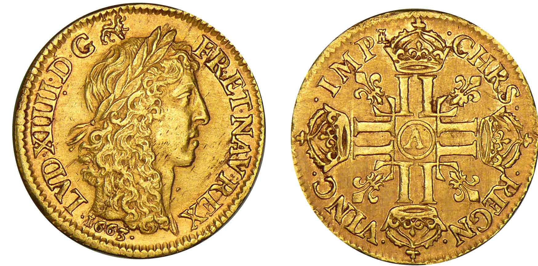 Louis XIV - Louis d’or au buste juvénile, tête laurée - 1663 A (Paris) Louis XIV - Louis d’or au buste juvénile, tête laurée - 1663 A (Paris)