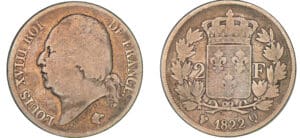 2 francs Louis XVIII au buste nu 1822 Q (Perpignan)