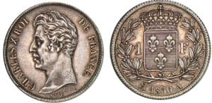 1 franc Charles X 1830 A (Paris) - Tranche strillée 1 franc Charles X 1830 A (Paris) - Tranche strillée