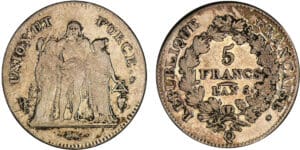 5 francs Hercule union et force - An 5 Q (Perpignan) 5 francs Hercule union et force - An 5 Q (Perpignan)
