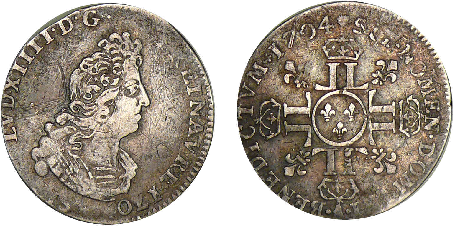 Louis XIV - 1/12 écu aux 8 L, 2ème type - 1704 A (Paris) Louis XIV - 1/12 écu aux 8 L, 2ème type - 1704 A (Paris)