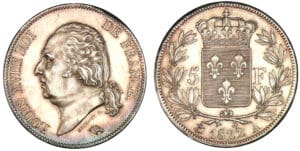 5 francs Louis XVIII buste nu 1822 A (Paris) 5 francs Louis XVIII buste nu 1822 A (Paris)
