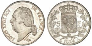 5 francs Louis XVIII buste nu 1824 A (Paris) 5 francs Louis XVIII buste nu 1824 A (Paris)