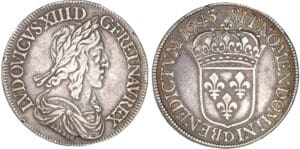 Louis XIII - Ecu - 2ème poinçon - 1643 D (Lyon) Louis XIII - Ecu - 2ème poinçon - 1643 D (Lyon)