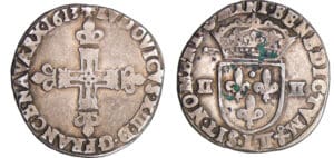 Louis XIII (1610-1643) - ¼ d'écu à la croix fleurdelisée, avers côté croix - 1613 L (Bayonne) Louis XIII (1610-1643) - ¼ d'écu à la croix fleurdelisée, avers côté croix - 1613 L (Bayonne)