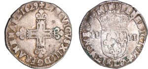 Louis XIII (1610-1643) - ¼ d'écu à la croix fleurdelisée, avers côté croix - 1629 L (Bayonne) Louis XIII (1610-1643) - ¼ d'écu à la croix fleurdelisée, avers côté croix - 1629 L (Bayonne)