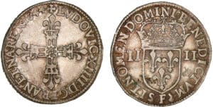 Louis XIV - ¼ écu, frappe au marteau, avers côté croix - 1644 F (Angers)