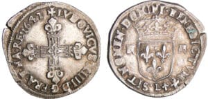 Louis XIV (1643-1715) - ¼ d'écu, frappe au marteau, avers côté croix - 1647 L (Bayonne)